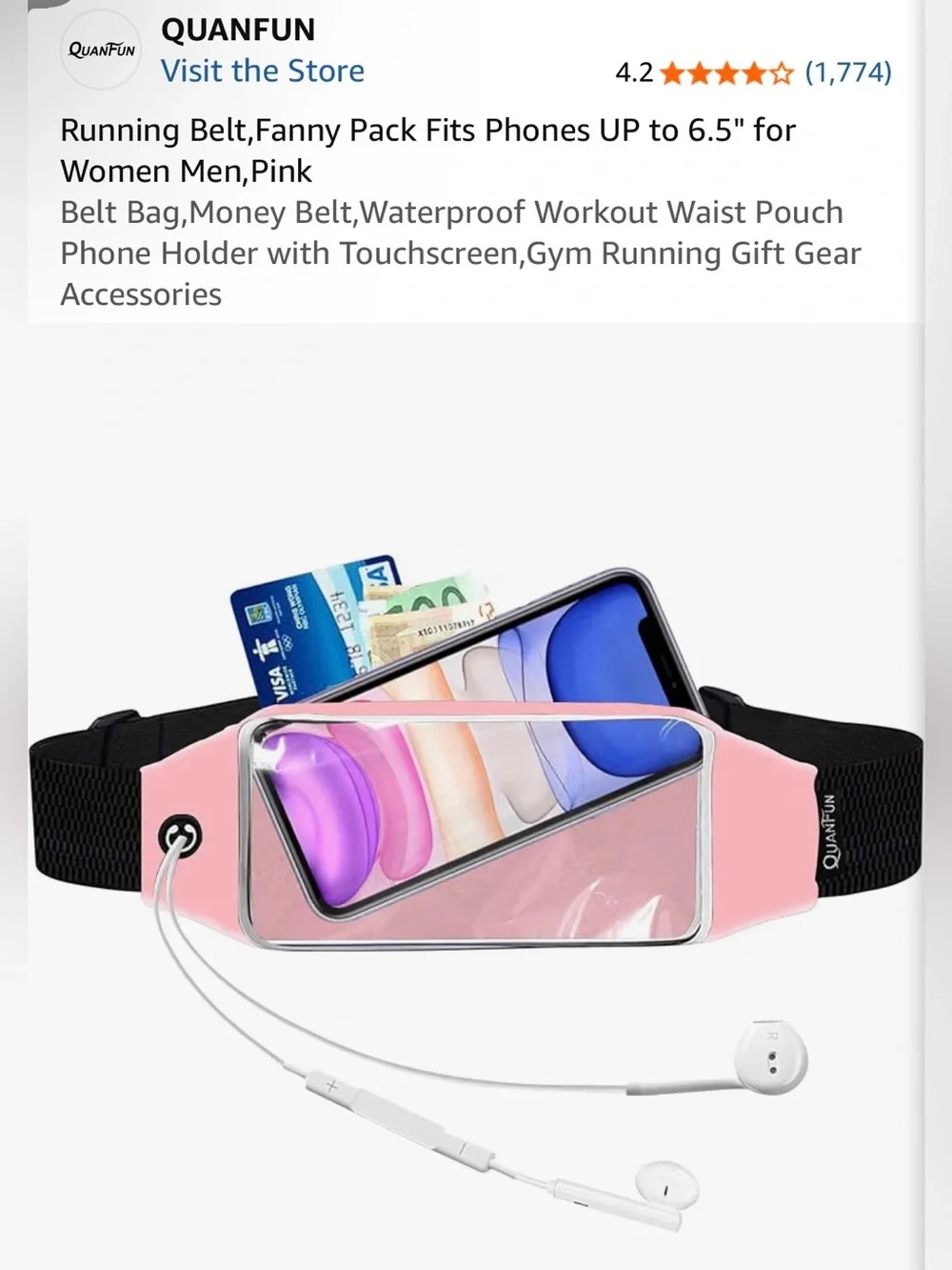 Pink Waterproof Running Belt Fanny Pack with Touchscreen Phone Pocket